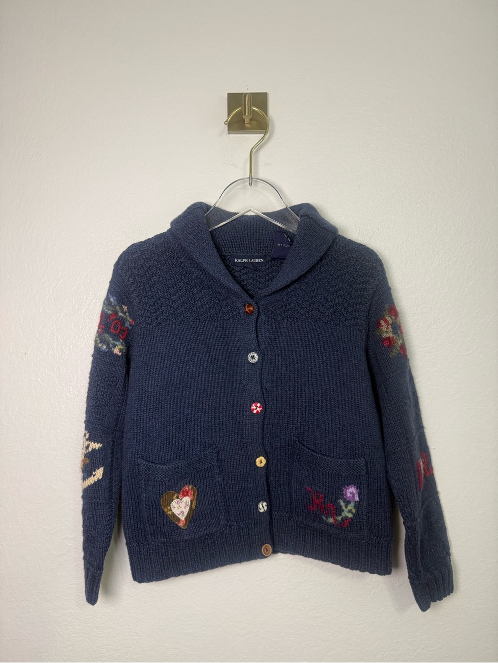 vintage girls ralph lauren Intarsia-Knit Cotton and Wool Shawl Cardigan